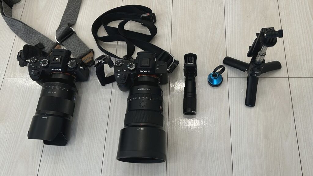 iPhone外付け望遠レンズ(エレコムx8・ポラロイドx5)と一眼カメラ135mmの比較機材